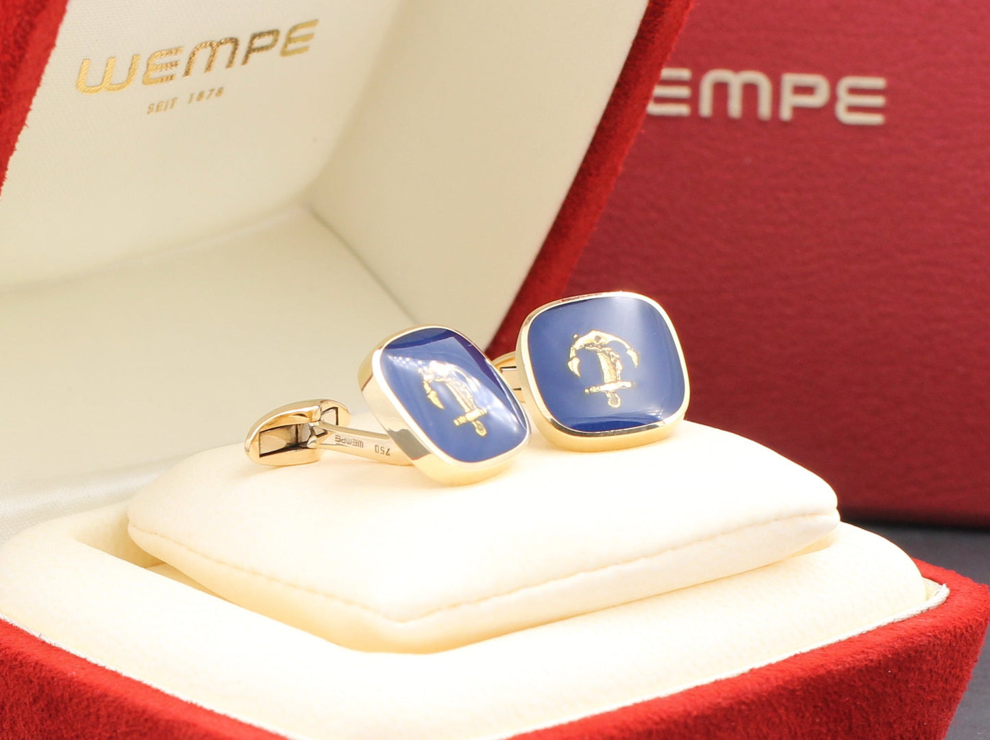 WEMPE Maritime MANSCHETTENKNÖPFE / CUFFLINKS | Anker | Emaille | 750er Gelbgold