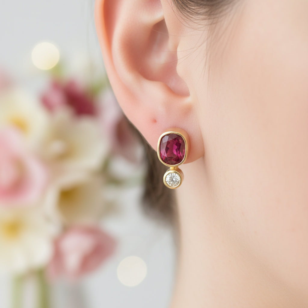 Wunderschöne OHRSTECKER mit RUBIN & BRILLANT | 585er Gelbgold