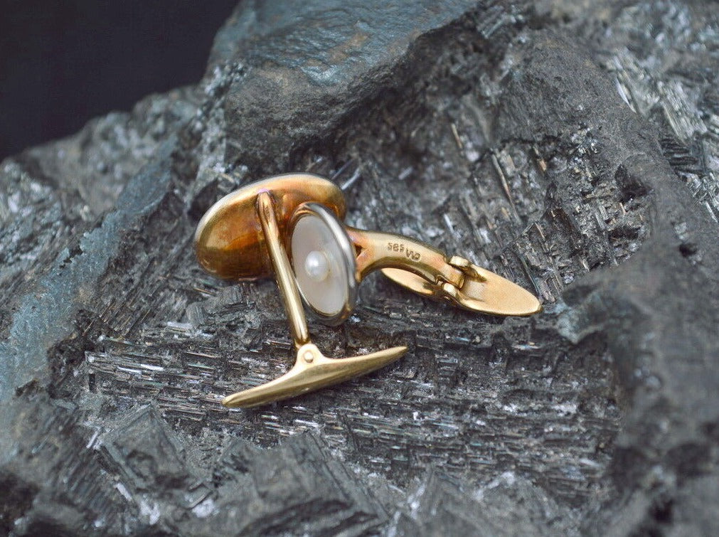 Wunderschöne alte MANSCHETTENKNÖPFE mit PERLMUTT & PERLE | 585er Gold | + Etui