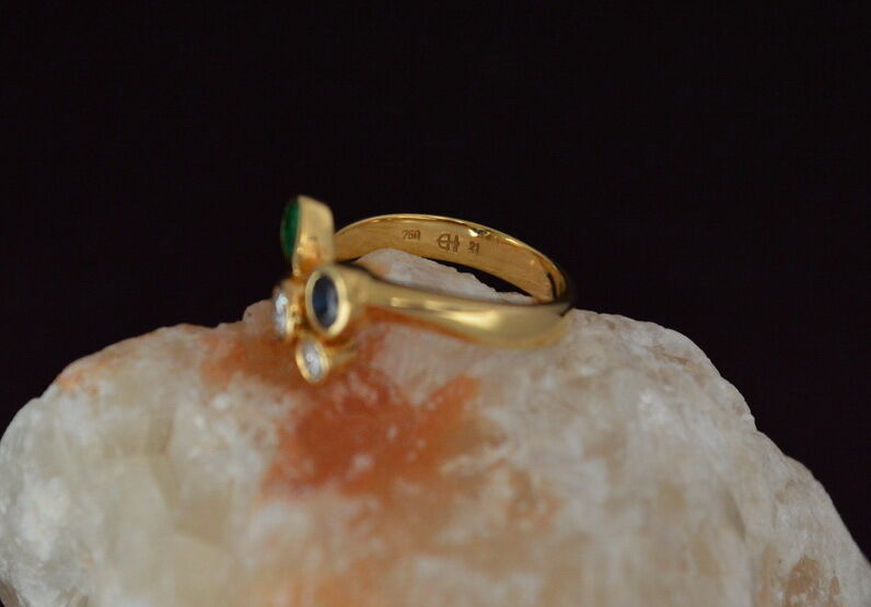 HENRICH & DENZEL Designer RING mit BRILLANTEN, SAPHIR und SMARAGD | 750er Gold