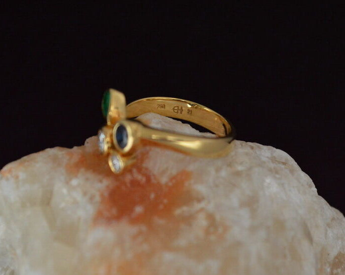 HENRICH & DENZEL Designer RING mit BRILLANTEN, SAPHIR und SMARAGD | 750er Gold