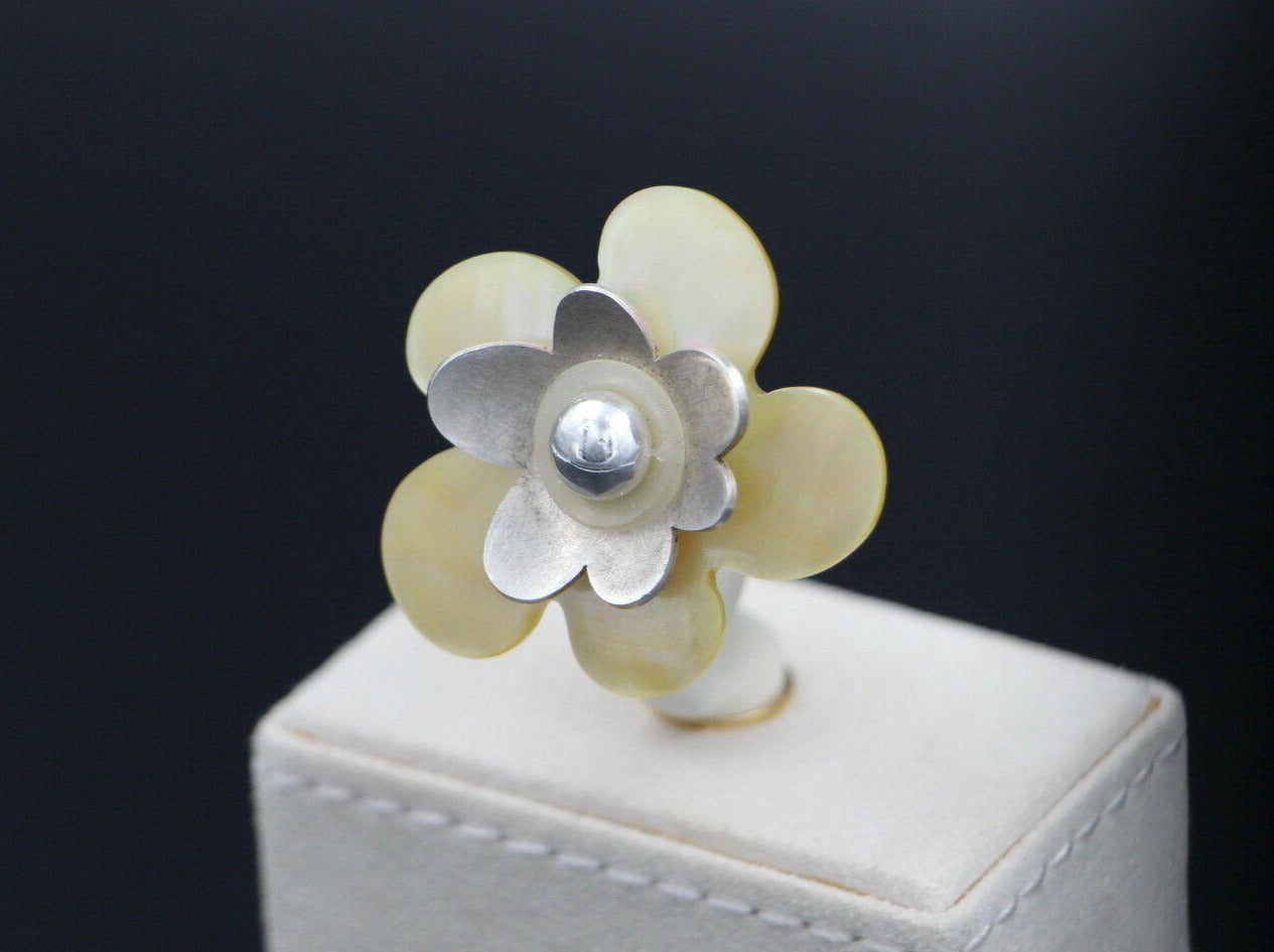 CHARLOTTE Floraler Designer RING mit PERLMUTTSCHEIBE | 925er SILBER