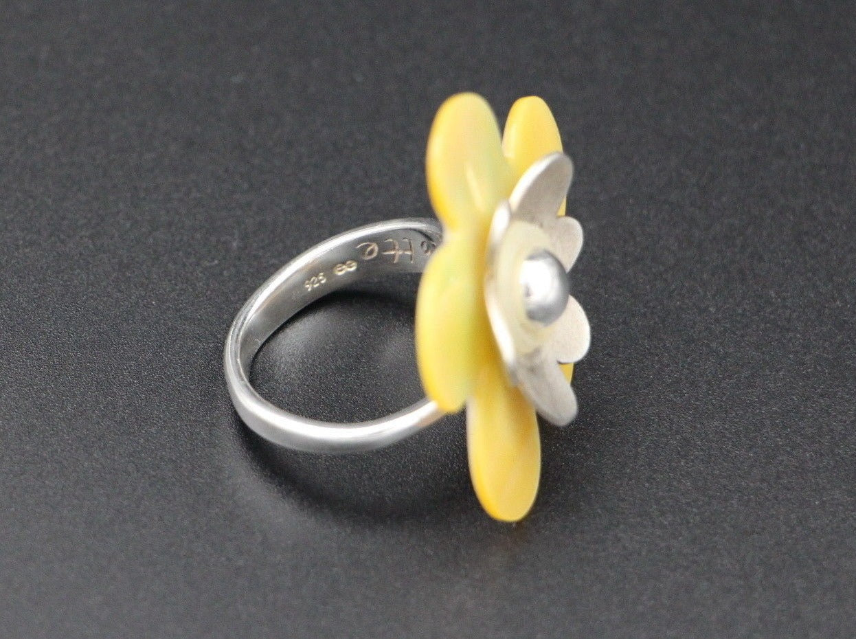 CHARLOTTE Floraler Designer RING mit PERLMUTTSCHEIBE | 925er SILBER