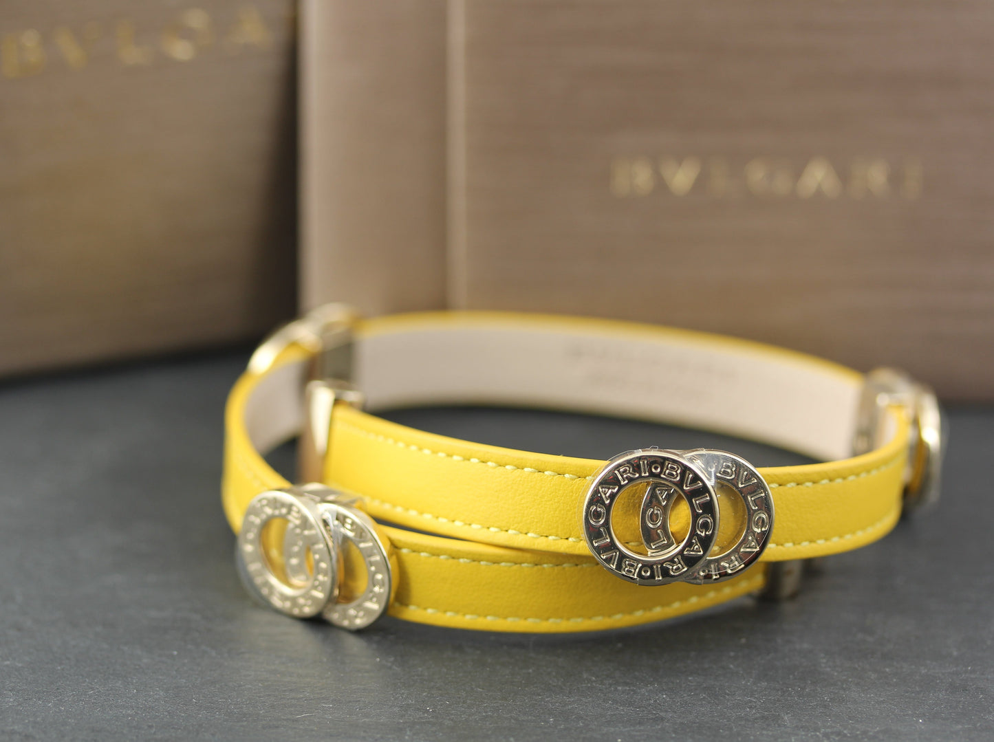 BULGARI Double Coiled ARMBAND | Doppelt gewickelt | Kalbsleder, gelb | Full Set