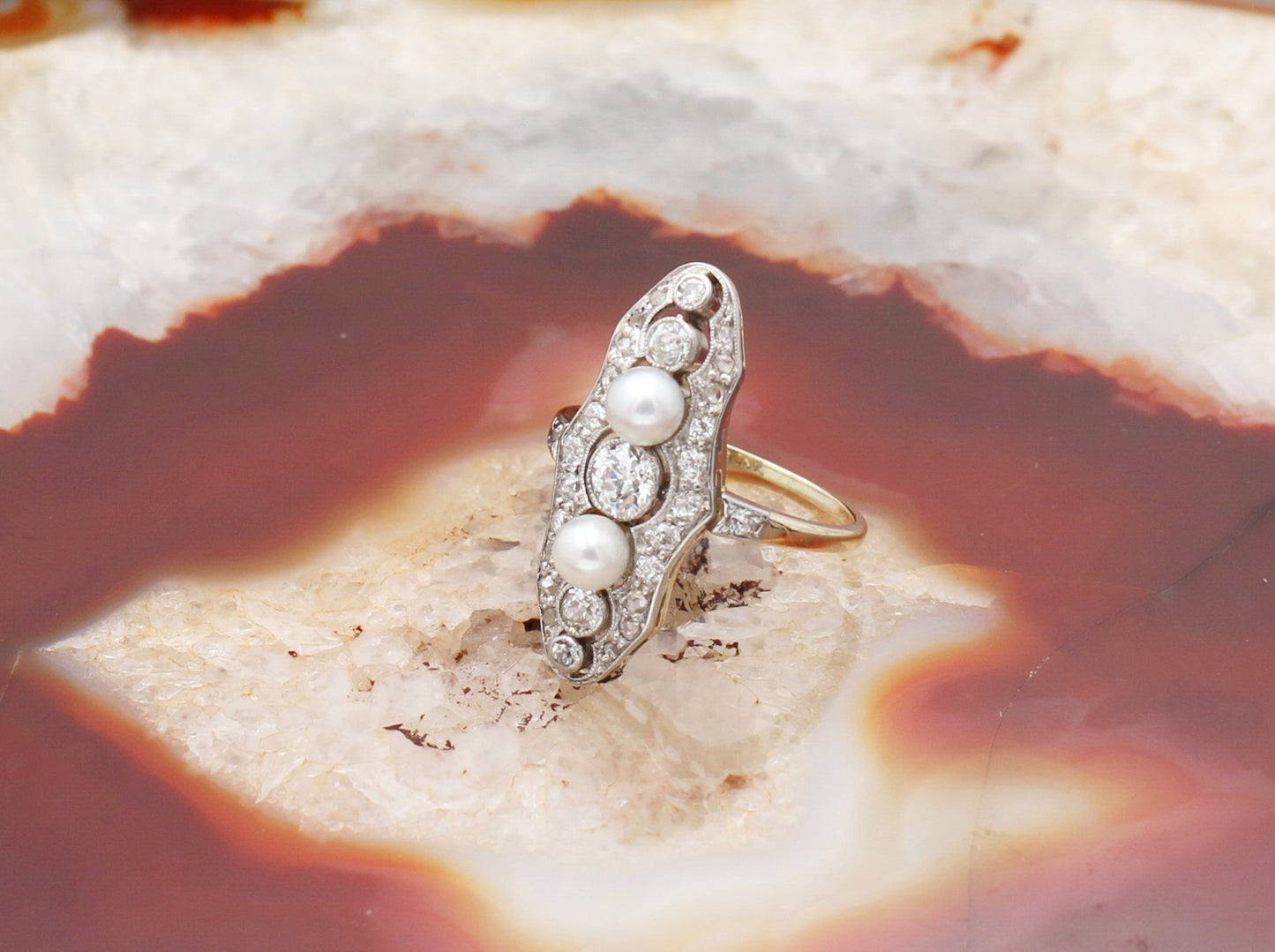 ART DÉCO Wunderschöner RING mit DIAMANTEN & PERLEN | Vintage | 585er Gelbgold
