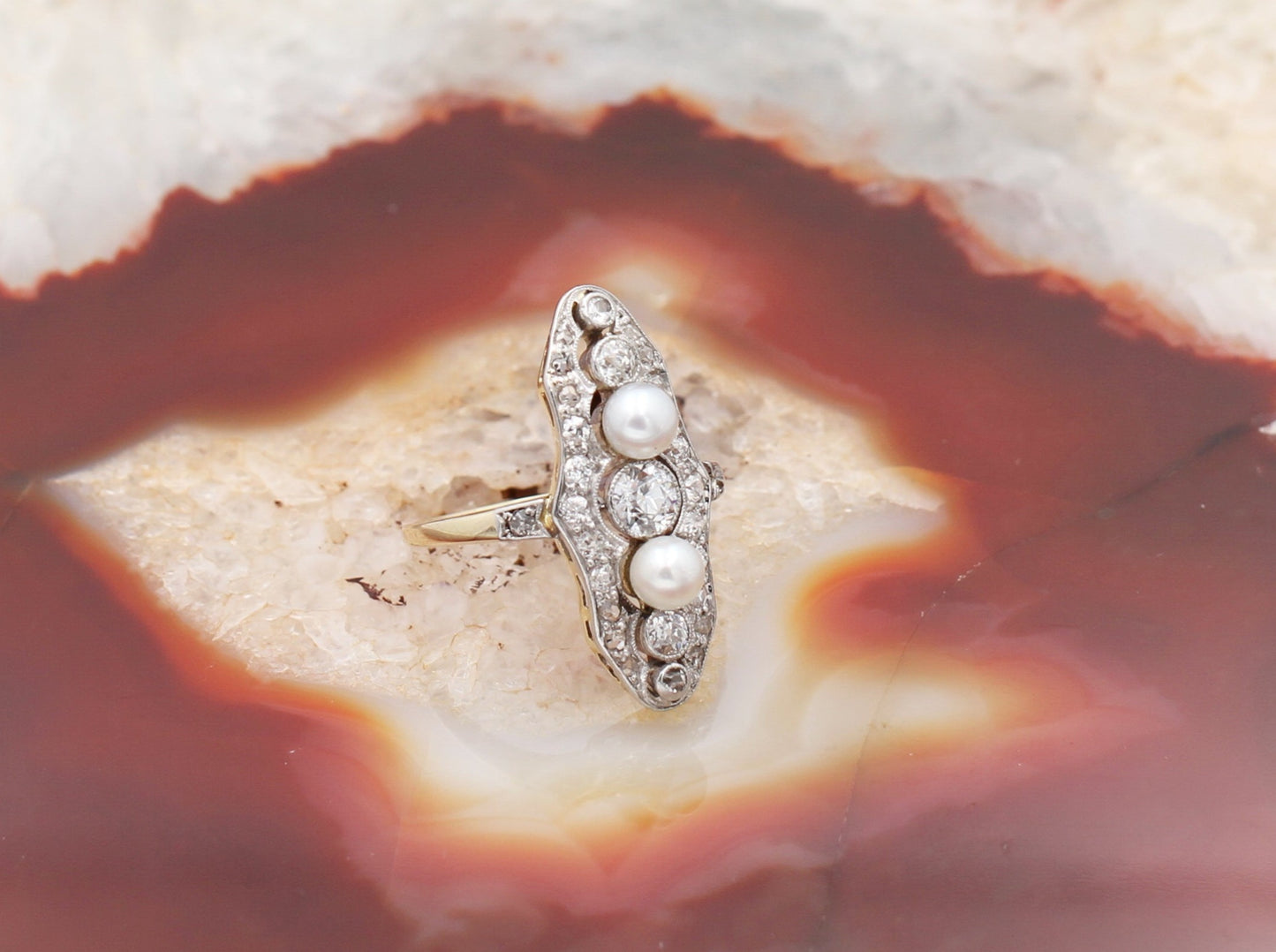 ART DÉCO Wunderschöner RING mit DIAMANTEN & PERLEN | Vintage | 585er Gelbgold