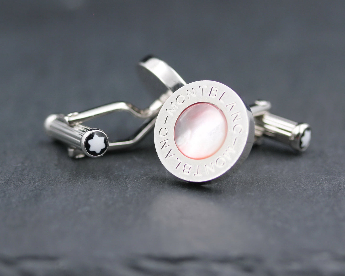 MONTBLANC Designer MANSCHETTENKNÖPFE / CUFFLINKS mit rosé PERLMUTT | Edelstahl