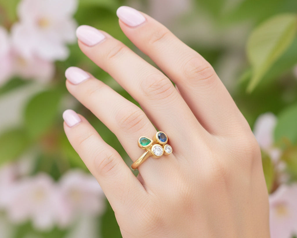 HENRICH & DENZEL Designer RING mit BRILLANTEN, SAPHIR und SMARAGD | 750er Gold