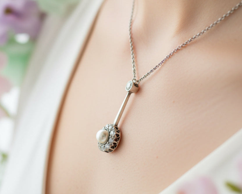 ART DÉCO Wunderschönes COLLIER mit DIAMANTEN & PERLE | Vintage | Platin