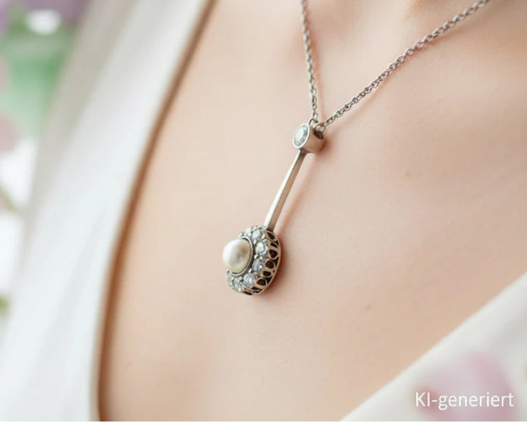 ART DÉCO Wunderschönes COLLIER mit DIAMANTEN & PERLE | Vintage | Platin