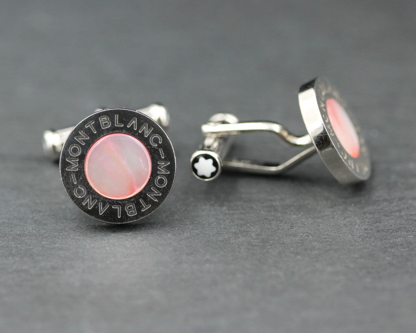 MONTBLANC Designer MANSCHETTENKNÖPFE / CUFFLINKS mit rosé PERLMUTT | Edelstahl