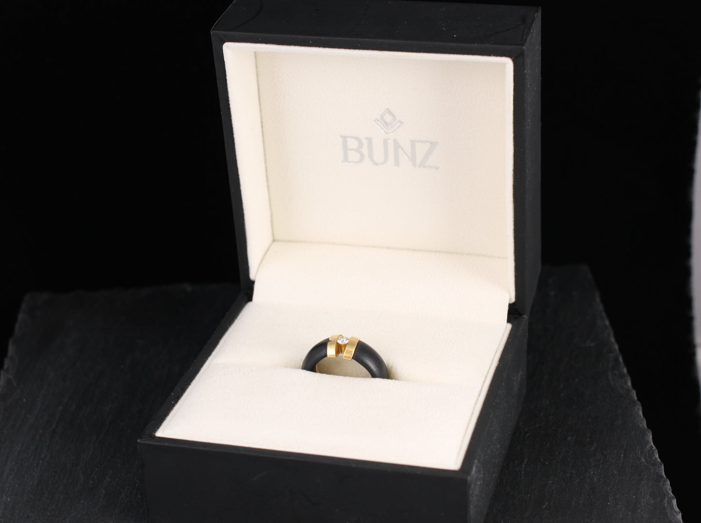 BUNZ Designer RING mit BRILLANT | 0,15ct. | 750er Gelbgold & Kautschuk | + Box