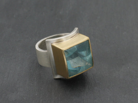 Ausgefallender RING mit BLAUTOPAS | 925 Silber & 750 Gold | GOLDSCHMIEDEARBEIT